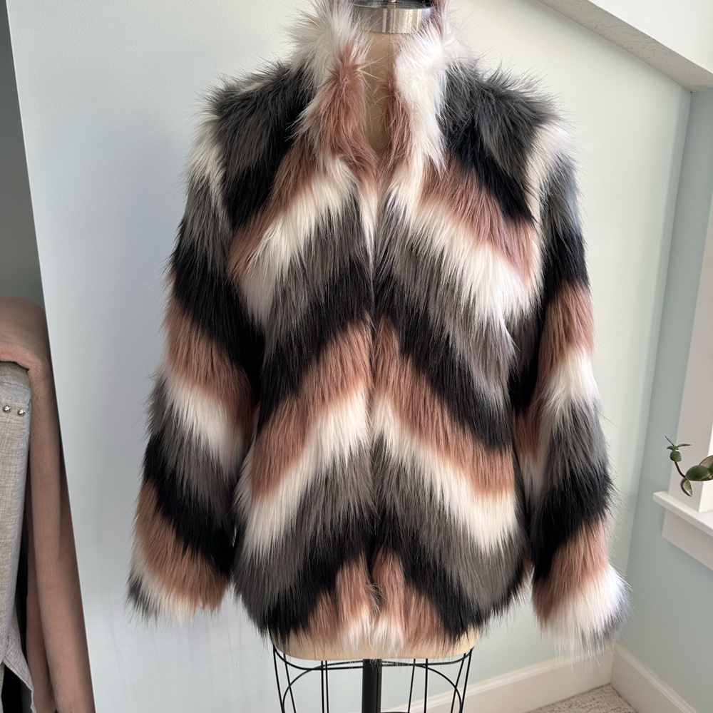 Forever 21 Chevron Faux Fur Jacket - Black, White, Brown